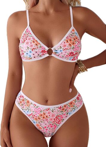 Fanuerg Women's Triangle Bikini Sets O Ring Linked Two Piece Swimsuits Floral Printed Cheeky Bathing Suit in Saudi Arabia