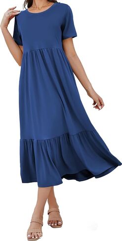 Women's 2025 Summer Short Sleeve Crew Neck Swing Dress Flowy Tiered Maxi Beach Sundress with Pockets in Saudi Arabia