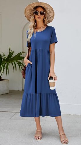 Women's 2025 Summer Short Sleeve Crew Neck Swing Dress Flowy Tiered Maxi Beach Sundress with Pockets in Saudi Arabia