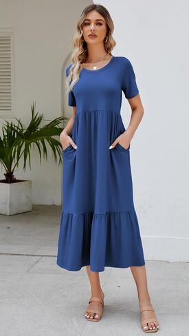 Women's 2025 Summer Short Sleeve Crew Neck Swing Dress Flowy Tiered Maxi Beach Sundress with Pockets in Saudi Arabia
