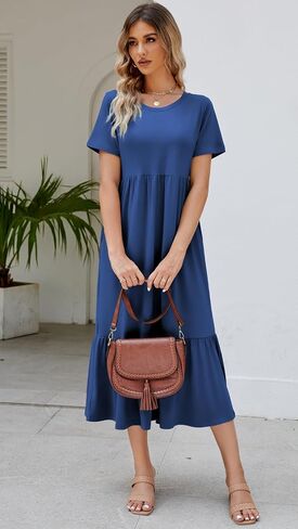 Women's 2025 Summer Short Sleeve Crew Neck Swing Dress Flowy Tiered Maxi Beach Sundress with Pockets in Saudi Arabia