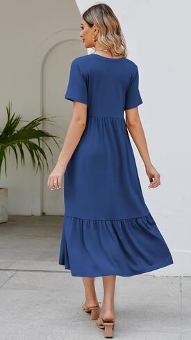 Women's 2025 Summer Short Sleeve Crew Neck Swing Dress Flowy Tiered Maxi Beach Sundress with Pockets in Saudi Arabia