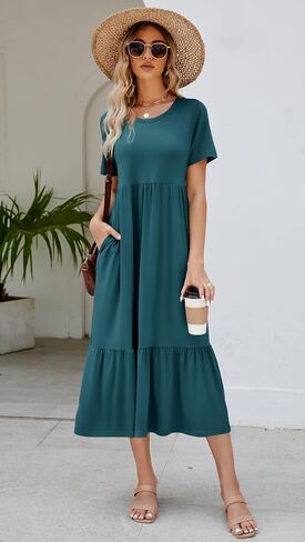 Women's 2025 Summer Short Sleeve Crew Neck Swing Dress Flowy Tiered Maxi Beach Sundress with Pockets in Saudi Arabia