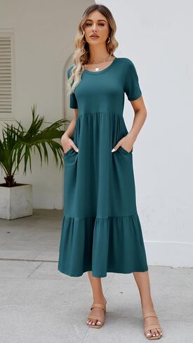 Women's 2025 Summer Short Sleeve Crew Neck Swing Dress Flowy Tiered Maxi Beach Sundress with Pockets in Saudi Arabia