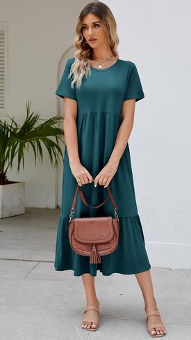 Women's 2025 Summer Short Sleeve Crew Neck Swing Dress Flowy Tiered Maxi Beach Sundress with Pockets in Saudi Arabia