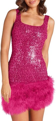 Wenrine Womens Sparkly Sequin Dress Bodycon Square Neck Fur Club Party Mini Dresses in Kuwait