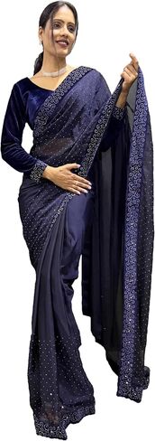 Stellacouture Indian Silk جاهز لارتداء ساري أعمال الماس للنساء مع بلوزة مخملية ST-048 in Kuwait