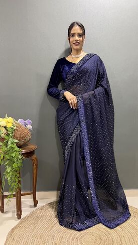Stellacouture Indian Silk جاهز لارتداء ساري أعمال الماس للنساء مع بلوزة مخملية ST-048 in Kuwait