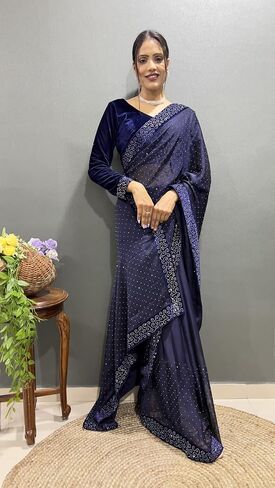 Stellacouture Indian Silk جاهز لارتداء ساري أعمال الماس للنساء مع بلوزة مخملية ST-048 in Kuwait