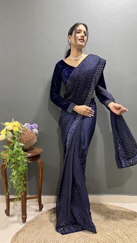 Stellacouture Indian Silk جاهز لارتداء ساري أعمال الماس للنساء مع بلوزة مخملية ST-048 in Kuwait