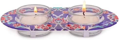 Yair Emanuel Shabbat Candle Holders for Tea Light Candles – Vibrant Decorative Metal Base with Glass Cups – Modern Judaica Gift (Armenian Tile - Cal-4) in Kuwait