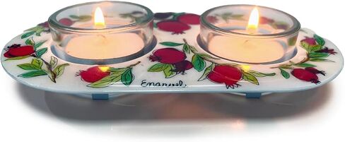 Yair Emanuel Shabbat Candle Holders for Tea Light Candles – Vibrant Decorative Metal Base with Glass Cups – Modern Judaica Gift (Armenian Tile - Cal-4) in Kuwait