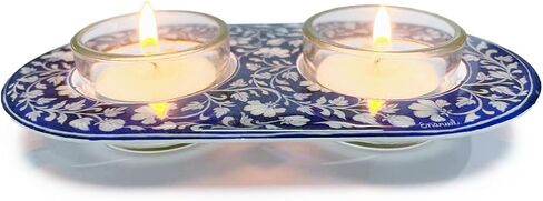 Yair Emanuel Shabbat Candle Holders for Tea Light Candles – Vibrant Decorative Metal Base with Glass Cups – Modern Judaica Gift (Armenian Tile - Cal-4) in Kuwait