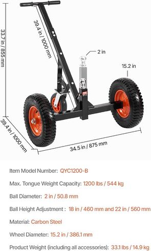 VEVOR Trailer Dolly, 1200lbs Tongue Weight Capacity, Carbon Steel Trailer Mover with 18 inch and 22 inch Height Adjustable Trailer Dolly, 2 inch Ball, 15.2 inch Pneumatic Tires, for Moving RV in Saudi Arabia