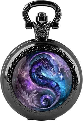 Purple Dragon Design Glass Dome Exquisite Black Quartz Pocket Watch with Arabic Numerals Dial and Chain Ideal Gift for Any Occasion, TP-128 in Saudi Arabia