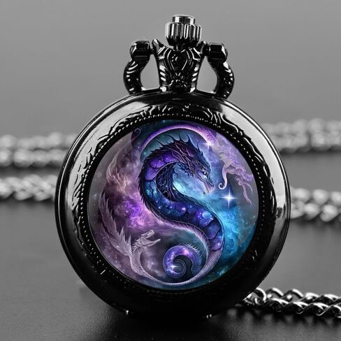 Purple Dragon Design Glass Dome Exquisite Black Quartz Pocket Watch with Arabic Numerals Dial and Chain Ideal Gift for Any Occasion, TP-128 in Saudi Arabia