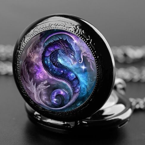 Purple Dragon Design Glass Dome Exquisite Black Quartz Pocket Watch with Arabic Numerals Dial and Chain Ideal Gift for Any Occasion, TP-128 in Saudi Arabia