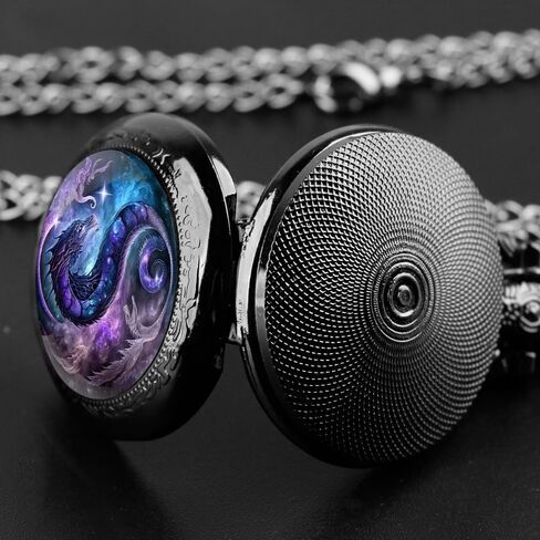 Purple Dragon Design Glass Dome Exquisite Black Quartz Pocket Watch with Arabic Numerals Dial and Chain Ideal Gift for Any Occasion, TP-128 in Saudi Arabia