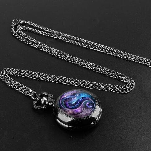 Purple Dragon Design Glass Dome Exquisite Black Quartz Pocket Watch with Arabic Numerals Dial and Chain Ideal Gift for Any Occasion, TP-128 in Saudi Arabia