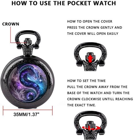 Purple Dragon Design Glass Dome Exquisite Black Quartz Pocket Watch with Arabic Numerals Dial and Chain Ideal Gift for Any Occasion, TP-128 in Saudi Arabia