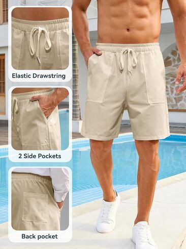 Mens Shorts - Casual Cotton Drawstring Summer Beach Stretch Twill Chino Golf Shorts Elastic Waist with Pockets in Kuwait
