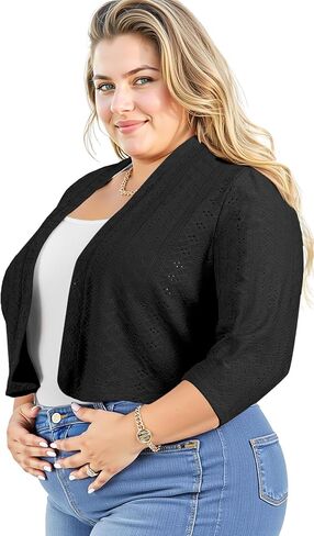 Lastshe Women's Plus Size Shrug Open Front 3/4 Sleeves Cropped Bolero Openwork Fabric Cardigan in Kuwait