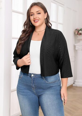 Lastshe Women's Plus Size Shrug Open Front 3/4 Sleeves Cropped Bolero Openwork Fabric Cardigan in Kuwait