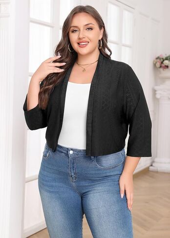 Lastshe Women's Plus Size Shrug Open Front 3/4 Sleeves Cropped Bolero Openwork Fabric Cardigan in Kuwait