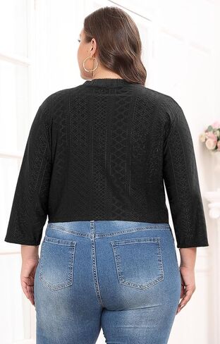 Lastshe Women's Plus Size Shrug Open Front 3/4 Sleeves Cropped Bolero Openwork Fabric Cardigan in Kuwait