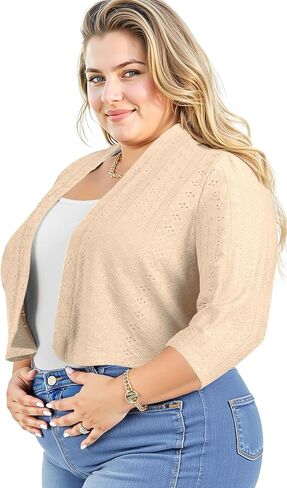 Lastshe Women's Plus Size Shrug Open Front 3/4 Sleeves Cropped Bolero Openwork Fabric Cardigan in Saudi Arabia