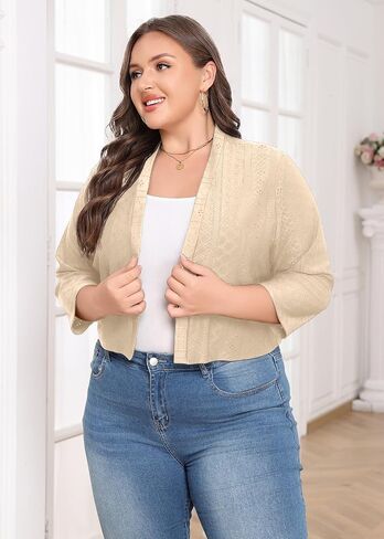 Lastshe Women's Plus Size Shrug Open Front 3/4 Sleeves Cropped Bolero Openwork Fabric Cardigan in Saudi Arabia