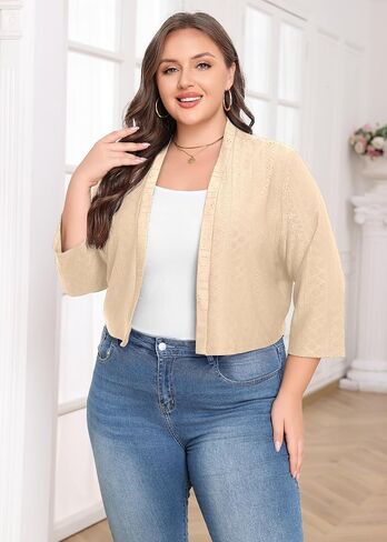 Lastshe Women's Plus Size Shrug Open Front 3/4 Sleeves Cropped Bolero Openwork Fabric Cardigan in Saudi Arabia