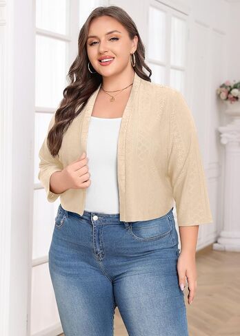 Lastshe Women's Plus Size Shrug Open Front 3/4 Sleeves Cropped Bolero Openwork Fabric Cardigan in Saudi Arabia