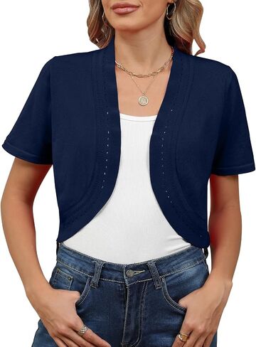 Women's Summer Short Sleeves Bolero Shrugs Cut Out Knit Cropped Open Front Lightweight Cardigan in Saudi Arabia