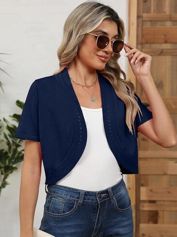 Women's Summer Short Sleeves Bolero Shrugs Cut Out Knit Cropped Open Front Lightweight Cardigan in Saudi Arabia