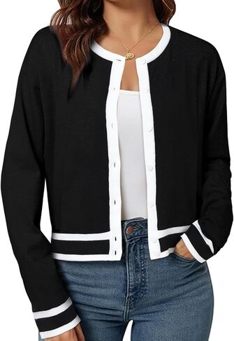 ZANZEA Cropped Cardigan Sweaters for Women Color Block Lightweight Bolero Shrug Button Down Long Sleeve Tops Fall Outfits in Saudi Arabia