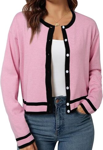 ZANZEA Cropped Cardigan Sweaters for Women Color Block Lightweight Bolero Shrug Button Down Long Sleeve Tops Fall Outfits in Saudi Arabia