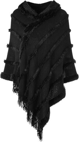 Ferand Ponchos for Women, Fuzzy Knitted Shawl with Fringe, Cozy and Striped Poncho Sweater for Fall and Winter in Kuwait