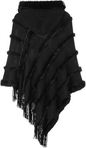 Ferand Ponchos for Women, Fuzzy Knitted Shawl with Fringe, Cozy and Striped Poncho Sweater for Fall and Winter in Kuwait