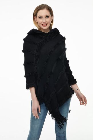 Ferand Ponchos for Women, Fuzzy Knitted Shawl with Fringe, Cozy and Striped Poncho Sweater for Fall and Winter in Kuwait