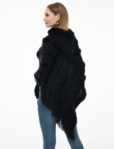 Ferand Ponchos for Women, Fuzzy Knitted Shawl with Fringe, Cozy and Striped Poncho Sweater for Fall and Winter in Kuwait