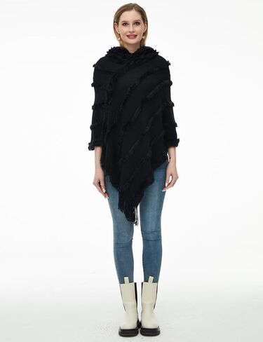 Ferand Ponchos for Women, Fuzzy Knitted Shawl with Fringe, Cozy and Striped Poncho Sweater for Fall and Winter in Kuwait