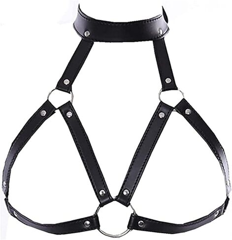 Women's Faux Leather Harness Punk Gothic Metal Chain Tassel Body Caged Lock Bra Strap (Black) in Saudi Arabia