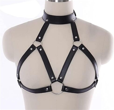 Women's Faux Leather Harness Punk Gothic Metal Chain Tassel Body Caged Lock Bra Strap (Black) in Saudi Arabia
