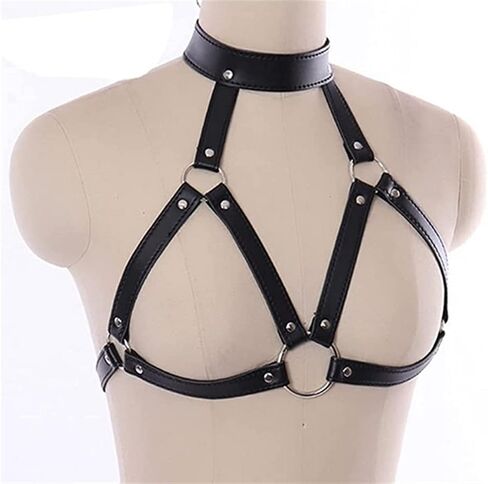 Women's Faux Leather Harness Punk Gothic Metal Chain Tassel Body Caged Lock Bra Strap (Black) in Saudi Arabia