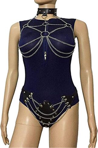 Women's Faux Leather Harness Punk Gothic Metal Chain Tassel Body Caged Lock Bra Strap (Black) in Saudi Arabia
