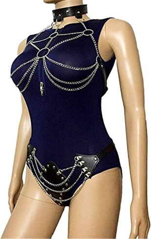 Women's Faux Leather Harness Punk Gothic Metal Chain Tassel Body Caged Lock Bra Strap (Black) in Saudi Arabia