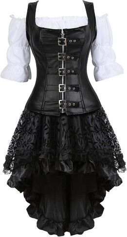 Grebrafan Steampunk Leather Corset Bustier Skirt Blouse Set 3 piece Buckle Corset Outfits Women in Saudi Arabia