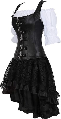 Grebrafan Steampunk Leather Corset Bustier Skirt Blouse Set 3 piece Buckle Corset Outfits Women in Saudi Arabia