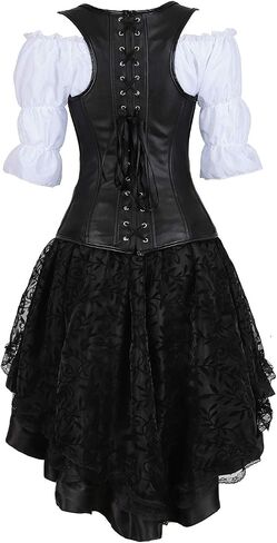 Grebrafan Steampunk Leather Corset Bustier Skirt Blouse Set 3 piece Buckle Corset Outfits Women in Saudi Arabia